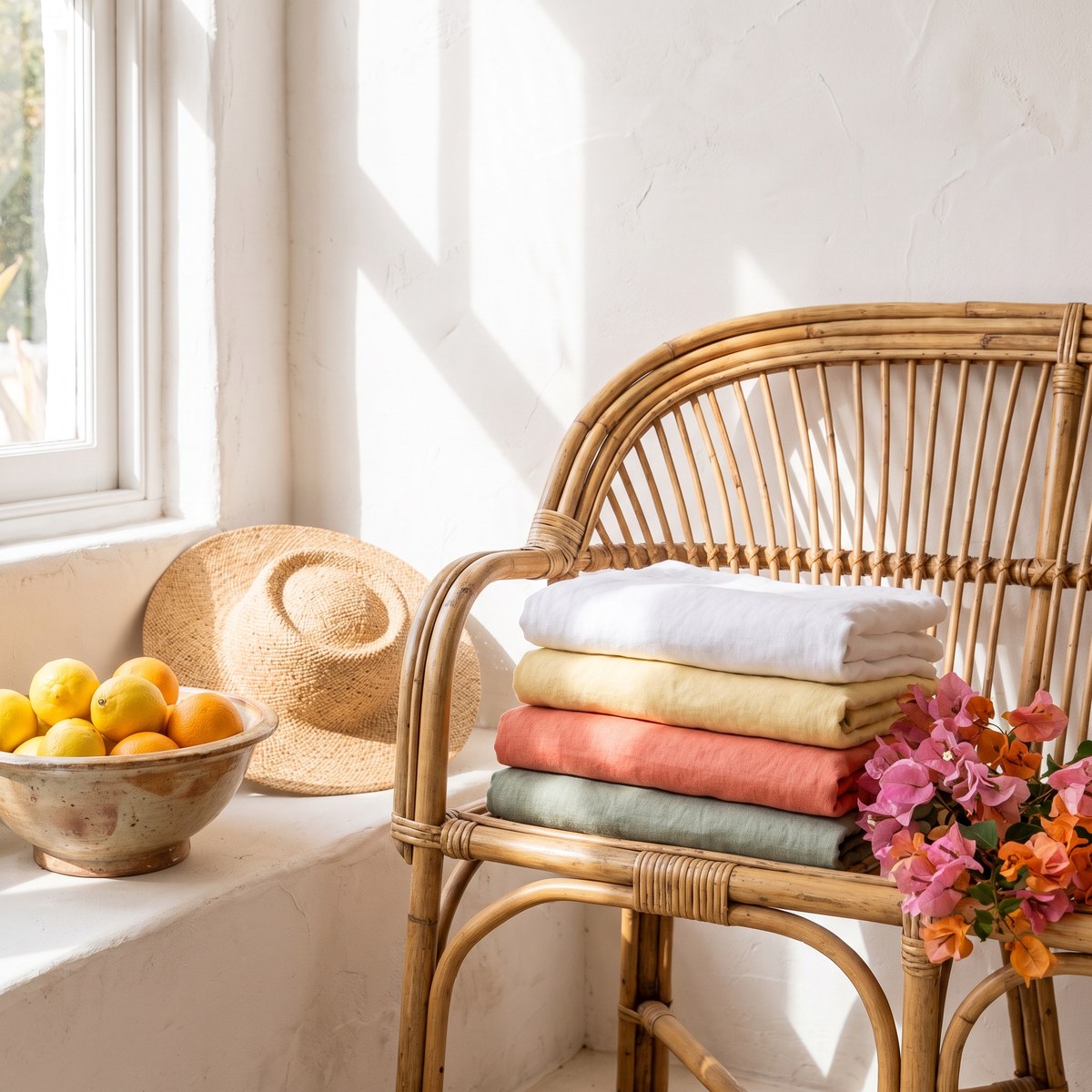Folded pastel linens on a rattan chair with citrus