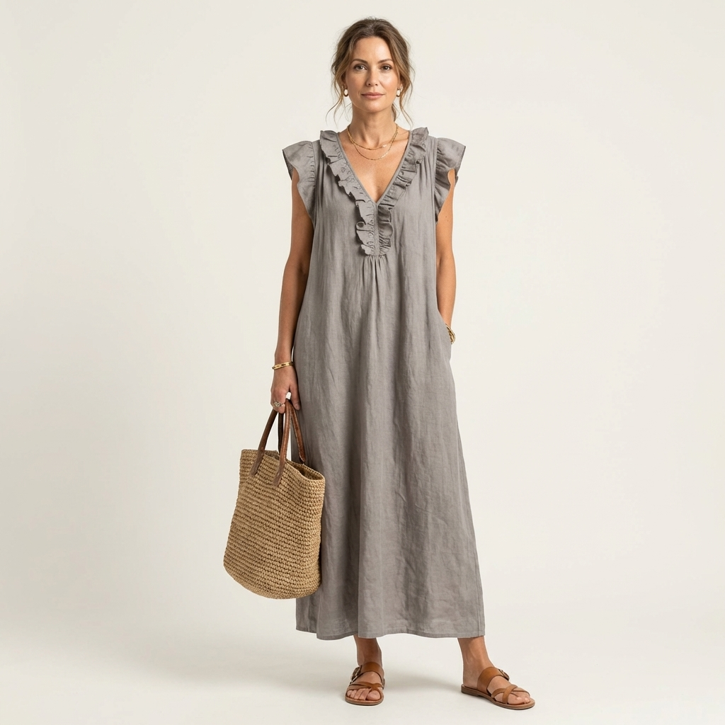 Women's Ruffle V-Neck Maxi Dress Flutter Cap Sleeve Side Pocket A-Line Casual