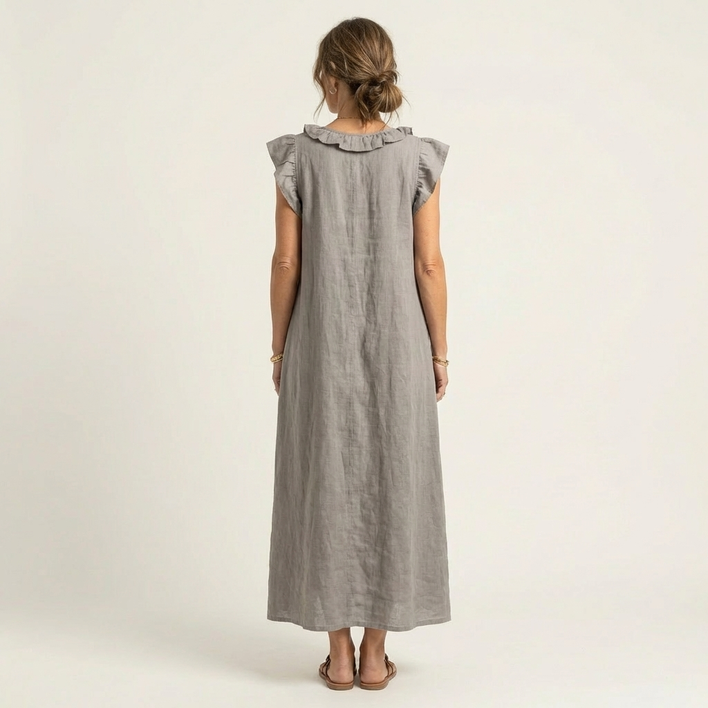 Women's Ruffle V-Neck Maxi Dress Flutter Cap Sleeve Side Pocket A-Line Casual