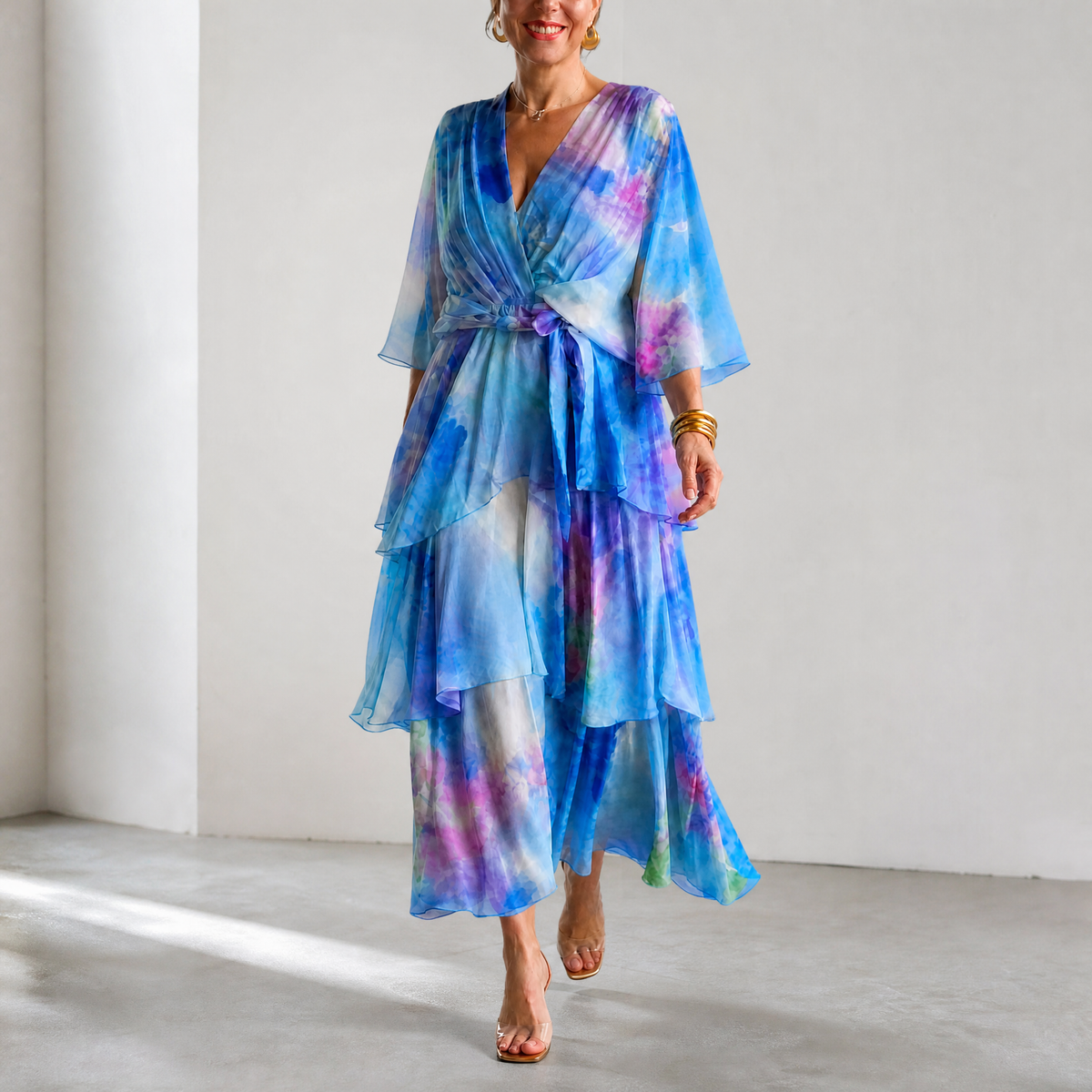 Women's Watercolour Tiered Maxi Dress V-Neck Flared Sleeve Wedding Guest Occasion