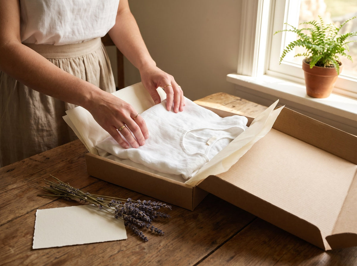 A linen dress being wrapped in tissue paper