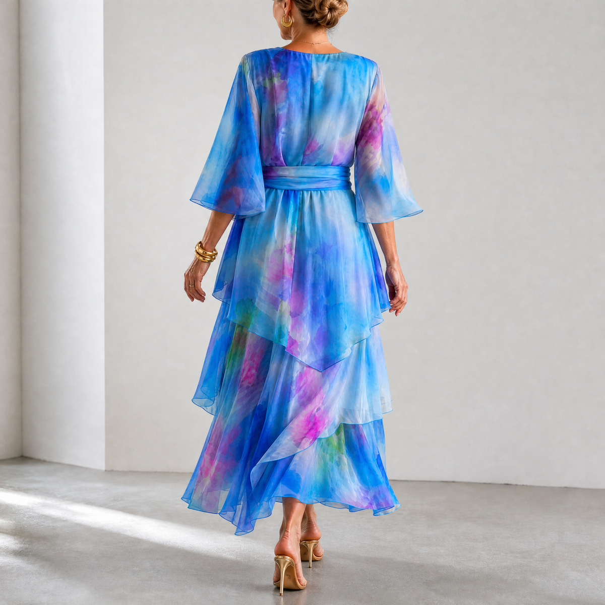 Women's Watercolour Tiered Maxi Dress V-Neck Flared Sleeve Wedding Guest Occasion